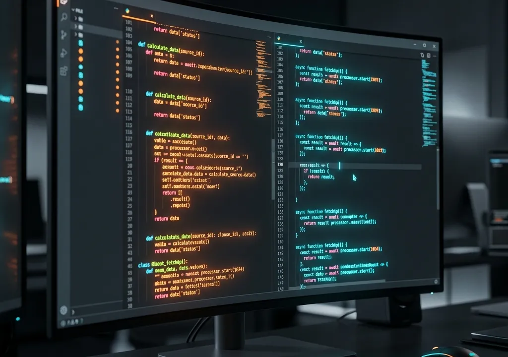 Visualização conceitual de linhas de código neon se desdobrando em uma interface minimalista e limpa