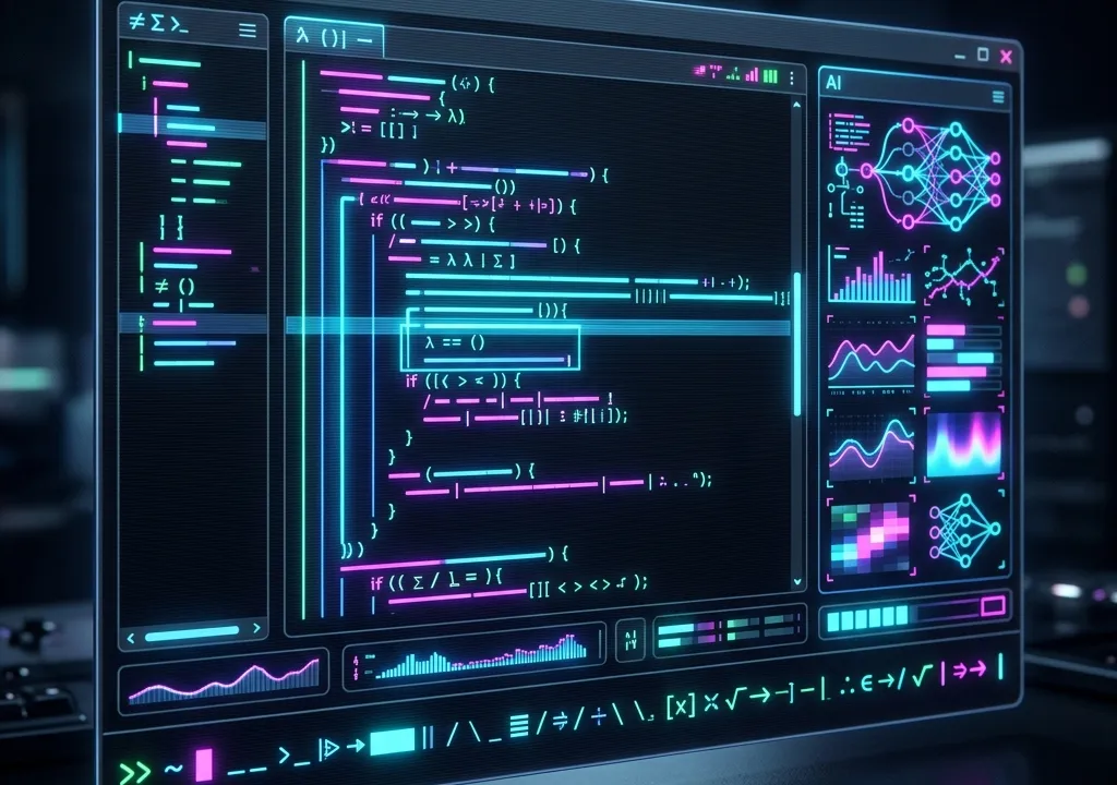 Uma janela de terminal escura exibindo linhas de código coloridas e indicadores de um assistente de inteligência artificial