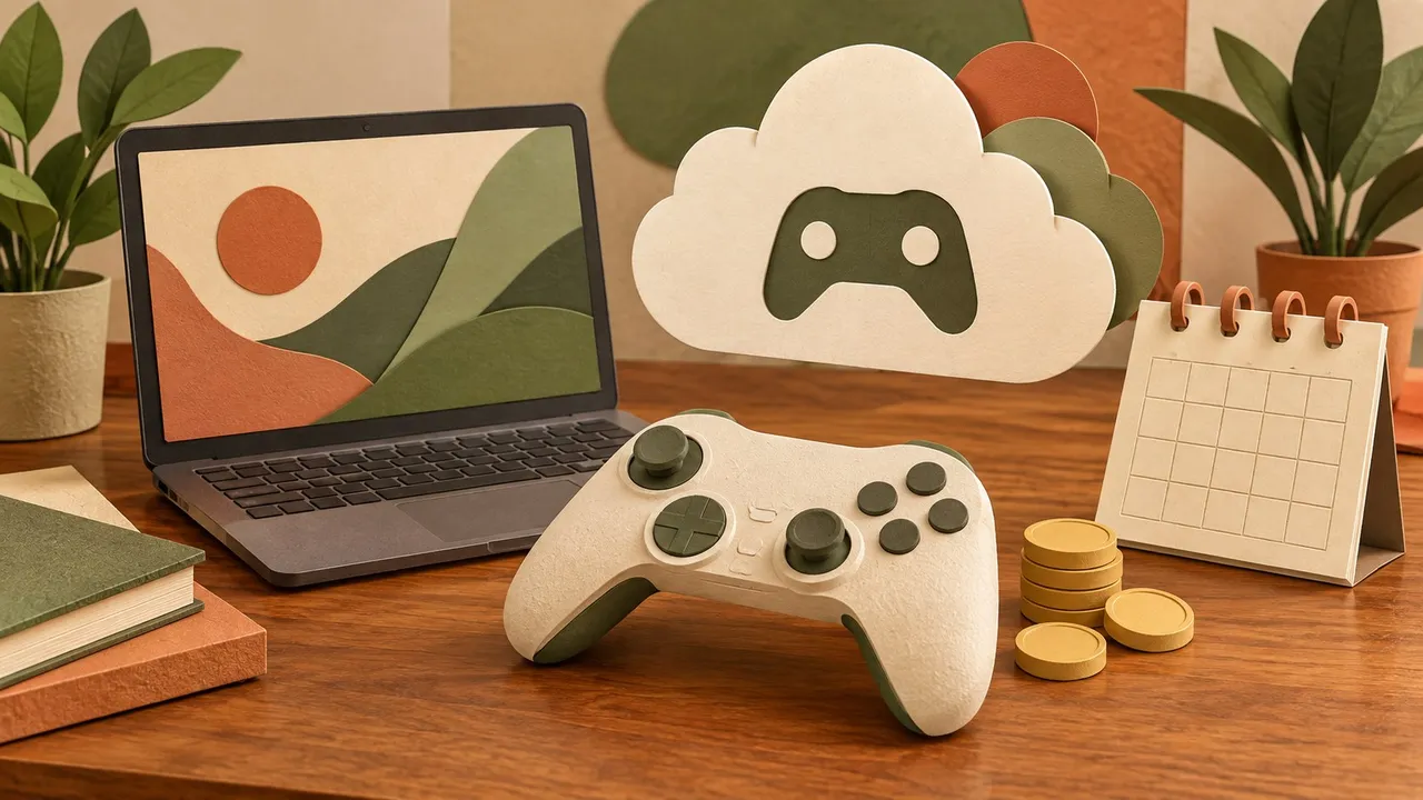 Controle, moedas e calendário sem números em uma mesa, com notebook e nuvem de papel ao fundo
