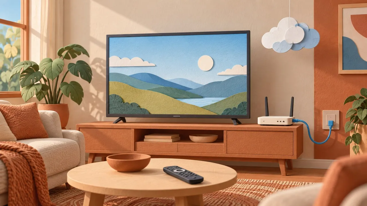 Sala ilustrada com televisão, controle remoto, roteador conectado por cabo e nuvem de papel suspensa