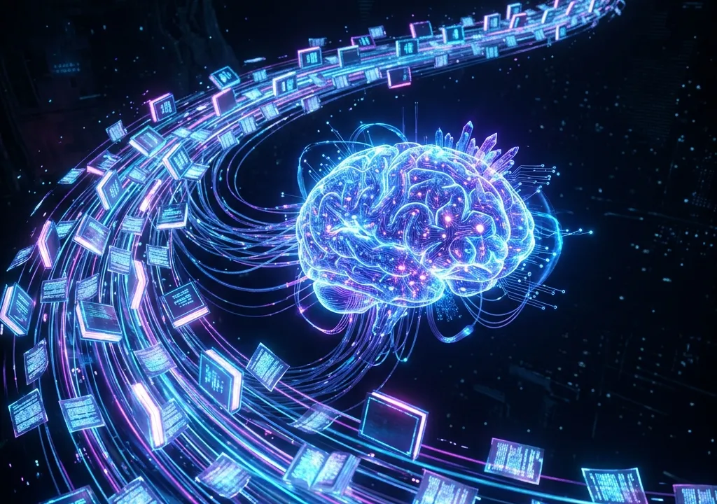 Infinite lines of data flowing into glowing neural network processor representing long context window