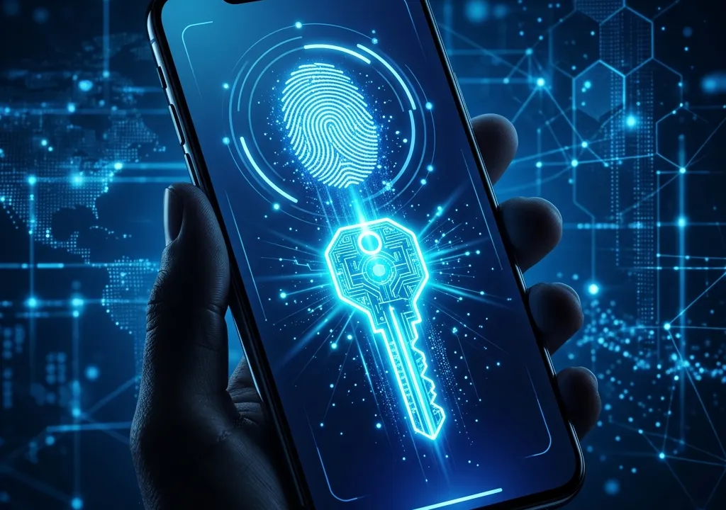 Concept of passwordless login with biometric fingerprint and key icon on smartphone screen