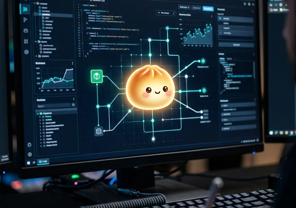 Luminous bun character replacing node icon on a high-tech developer terminal dashboard