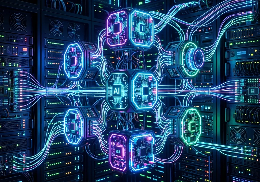 Representação de rede de circuitos com nós de inteligência artificial brilhando em tons neon de azul e violeta
