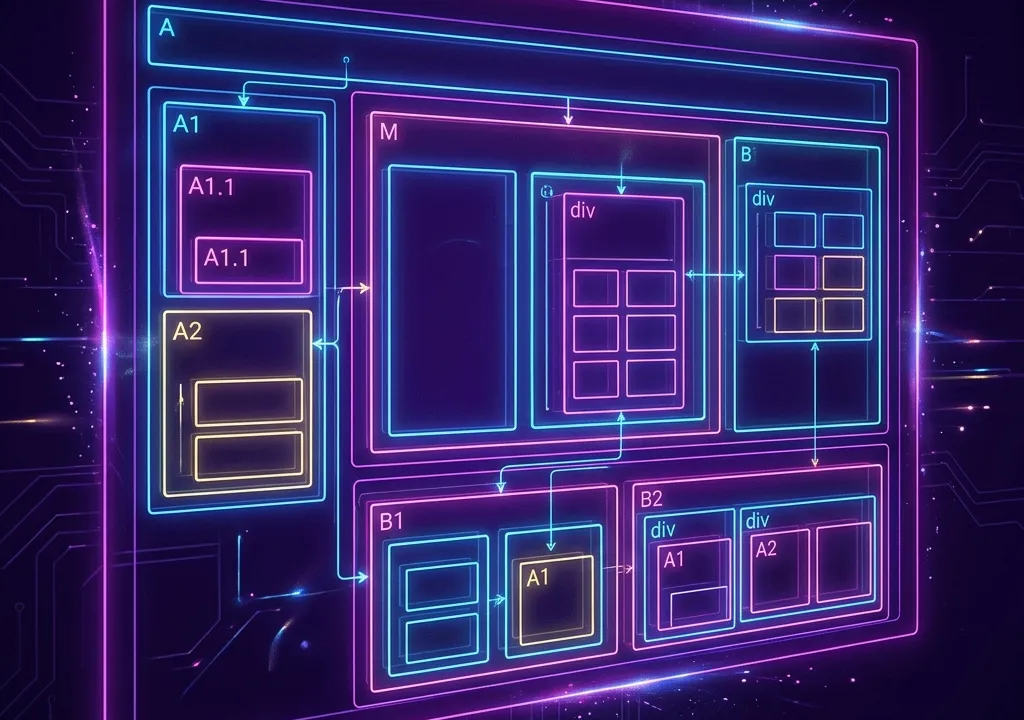 Mockup conceitual de nós de layout CSS reagindo dinamicamente a mudanças de variáveis do container pai