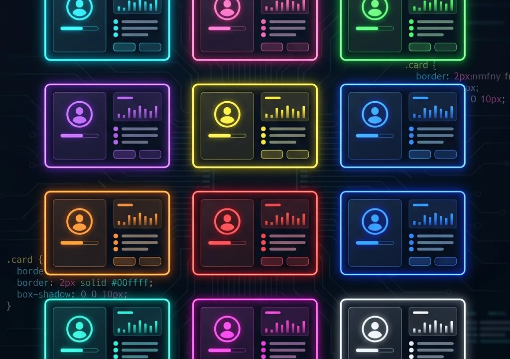 Modular UI card layouts showing dynamic CSS style query variations with neon highlights