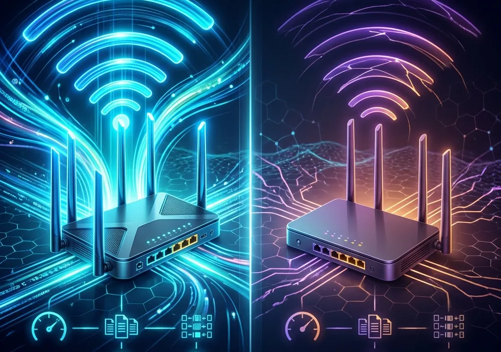 Technology comparison diagram showing glowing waves of Wi-Fi signals from modern routers