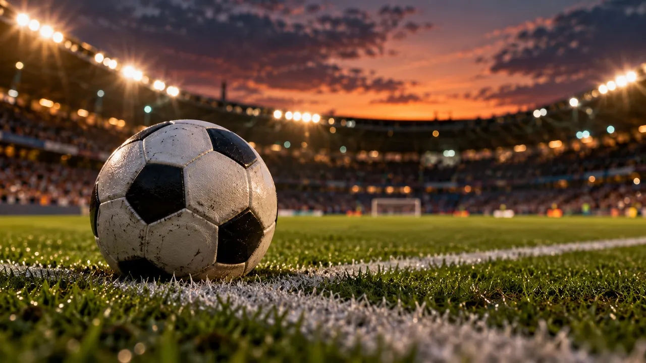 Ilustração gerada por IA de uma bola de futebol no gramado de um estádio ao anoitecer, com arquibancadas iluminadas desfocadas ao fundo