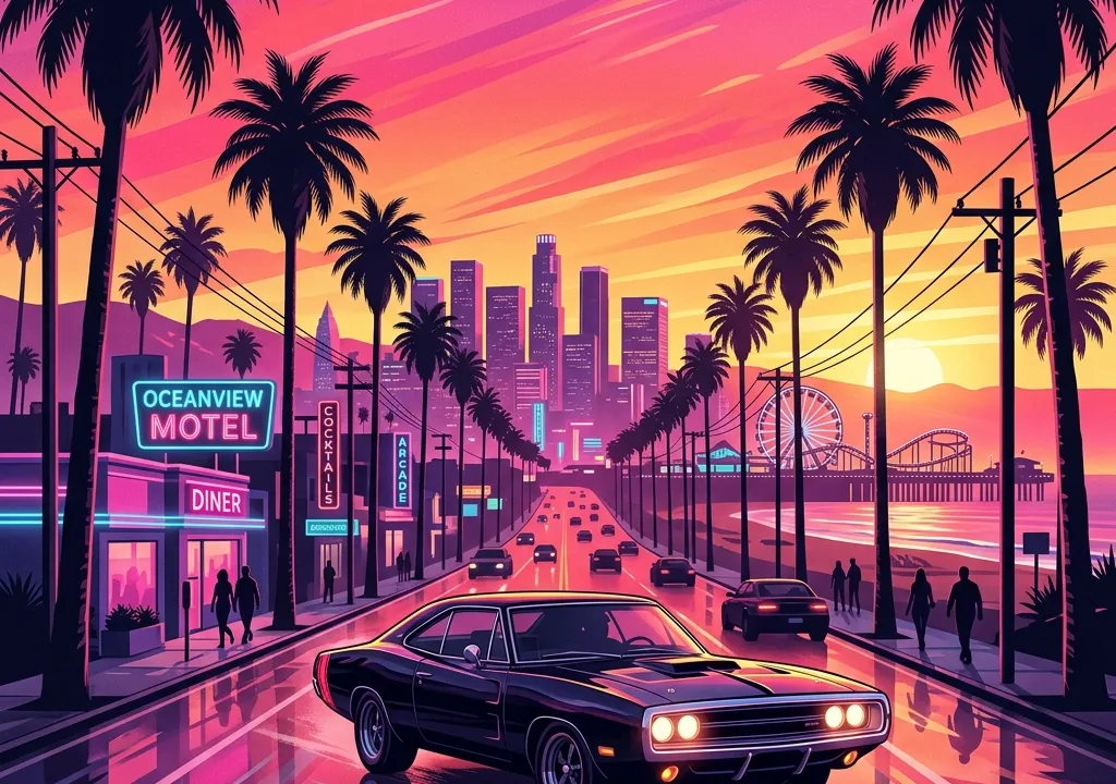 Ilustração conceitual gerada por IA de uma avenida com palmeiras, um cupê preto, letreiros de neon e um píer ao pôr do sol