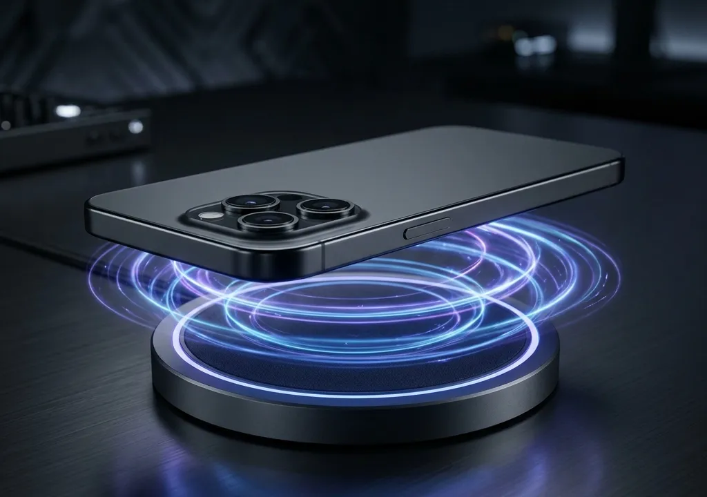 Smartphone snapping magnetically onto a circular charging pad representing Qi2 technology