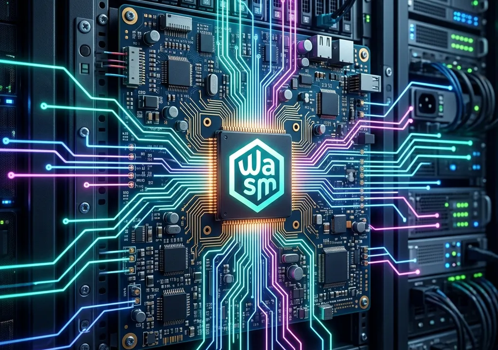WebAssembly logo integrated into glowing server circuit board showing edge computing concept