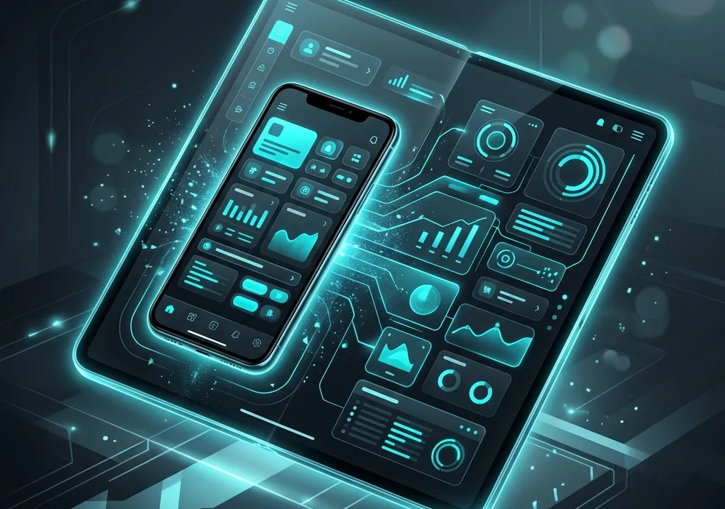 Visualização abstrata de uma interface móvel adaptando-se e expandindo de um smartphone para uma tela maior de tablet