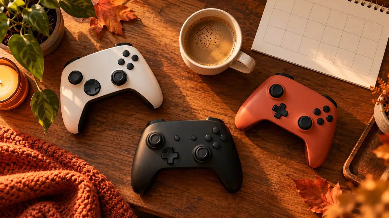Ilustração gerada por IA de três controles de videogame genéricos, branco, preto e laranja, sobre uma mesa de madeira com café, folhas de outono e um calendário em branco