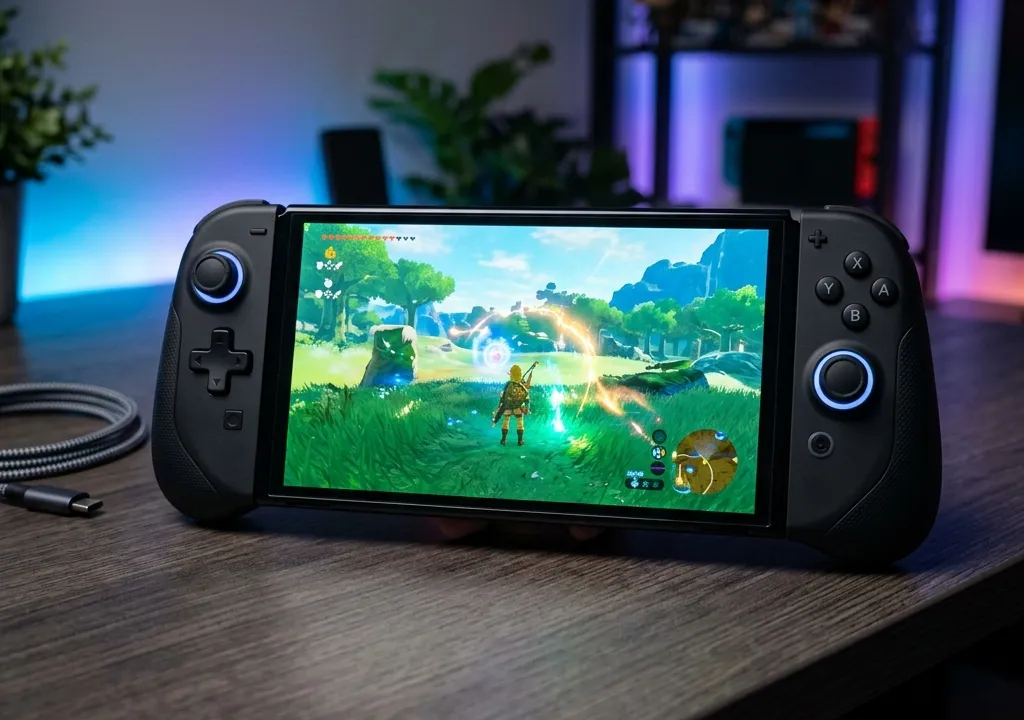 Mockup conceitual do Nintendo Switch 2 com tela OLED grande e controles aprimorados