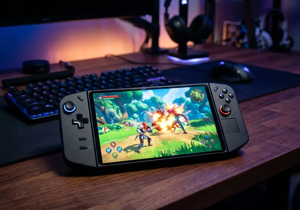 Ilustração conceitual gerada por IA de um console portátil com cena de jogo colorida diante de teclado e monitor