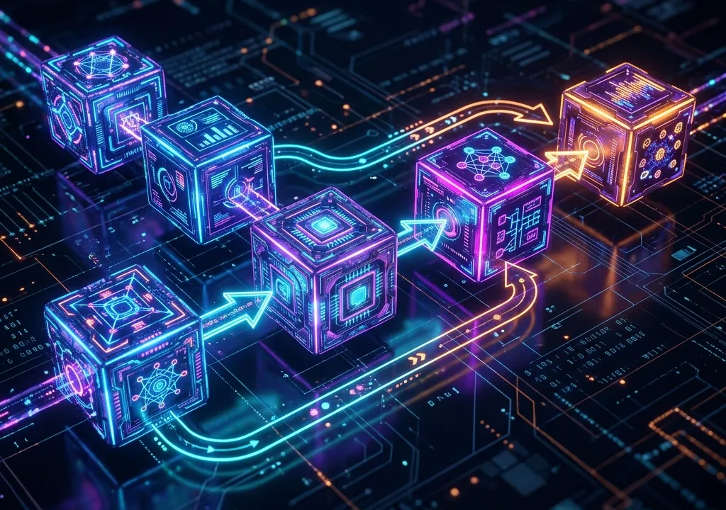 Luminous message blocks linked in a sequence representing prompt chaining pipeline