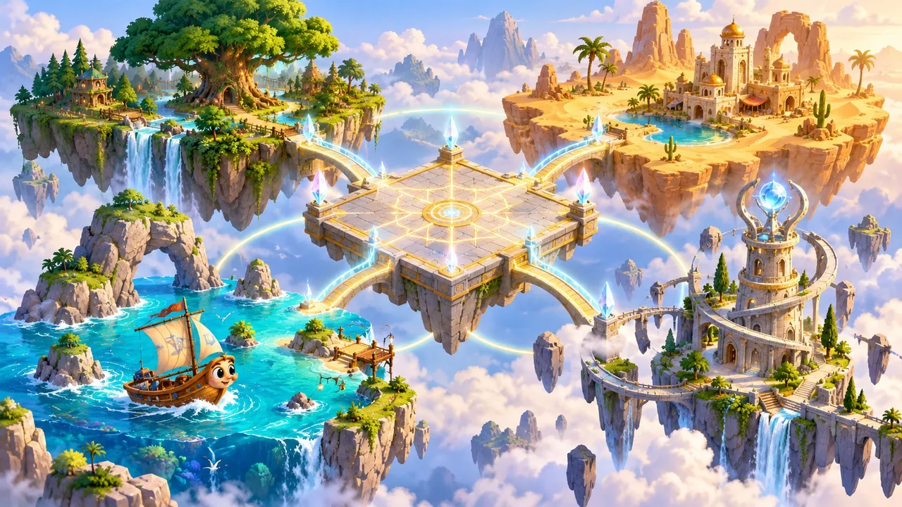 Ilustração gerada por IA de quatro pequenas ilhas de paisagens diferentes ligadas por linhas luminosas ao redor de um pátio de pedra, com um barquinho de madeira na água