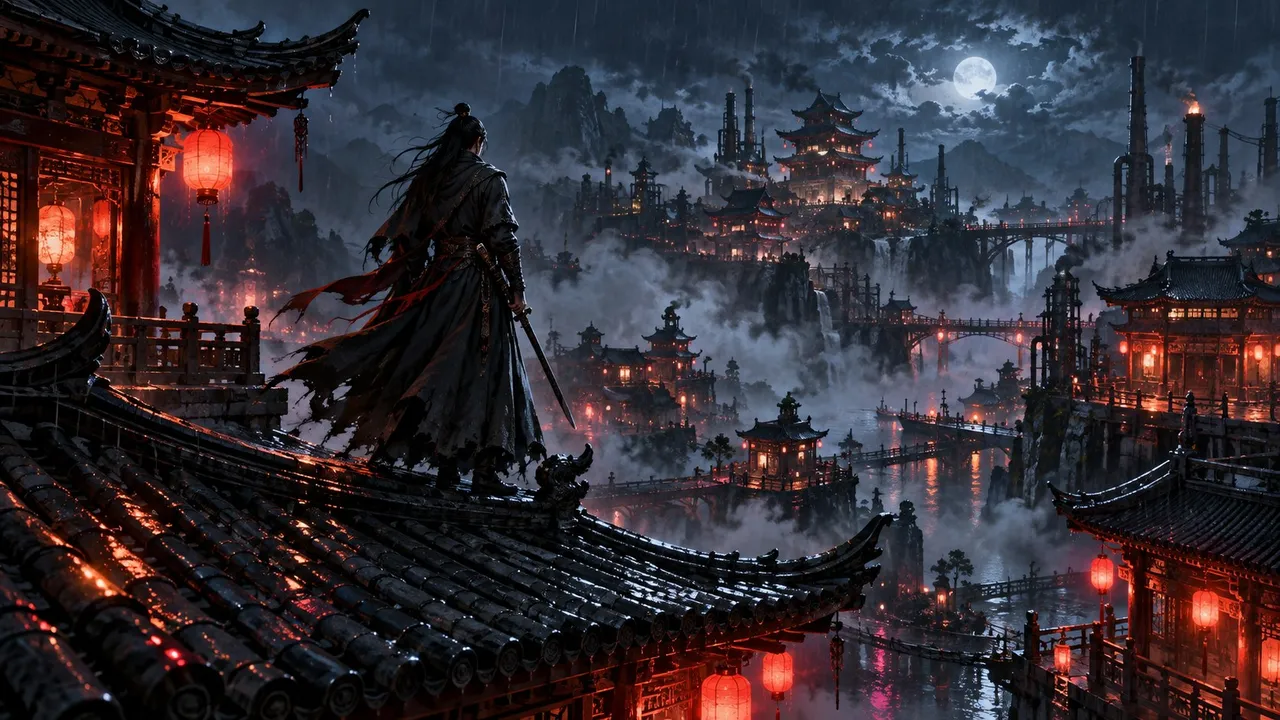 Ilustração gerada por IA de um espadachim de costas sobre um telhado de templo chinês molhado pela chuva, com lanternas vermelhas, névoa e chaminés industriais ao fundo