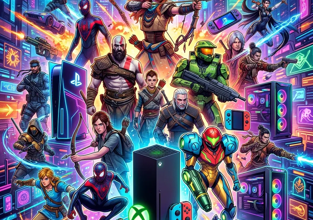 Colorful game character silhouettes and futuristic console design representing upcoming games