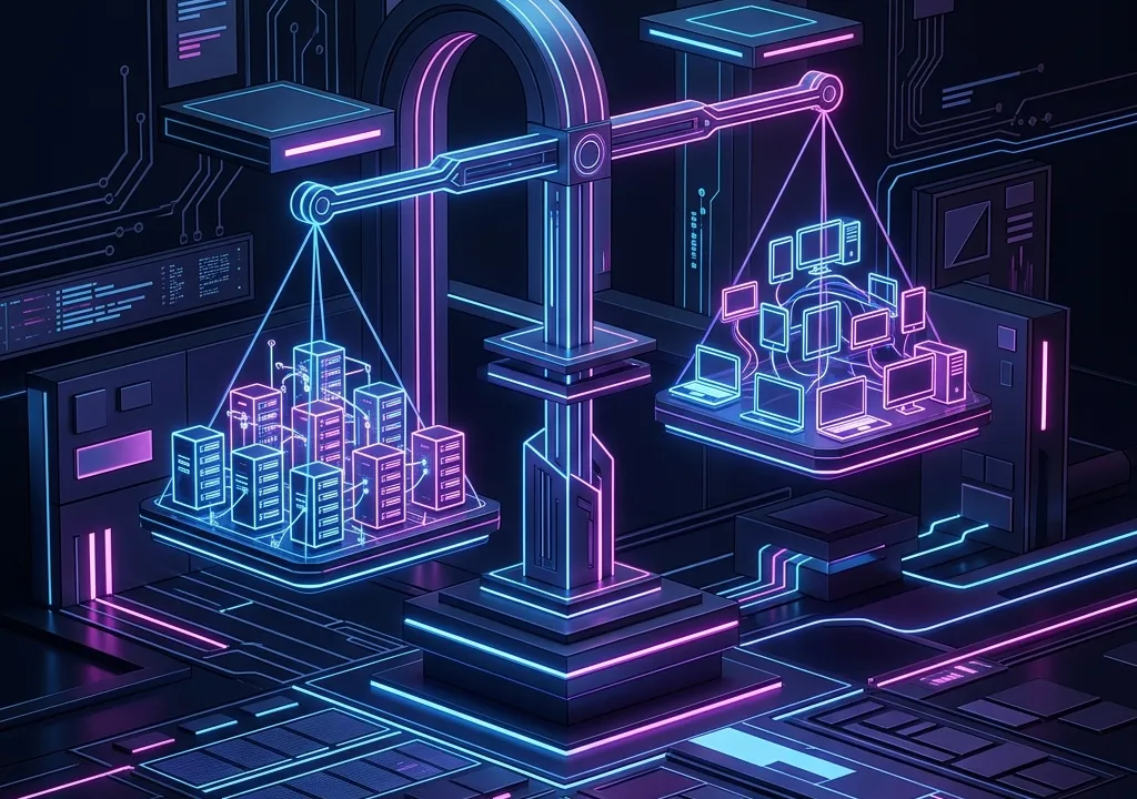 Interface geométrica representando o fluxo de dados entre componentes de servidor e cliente de forma estilizada