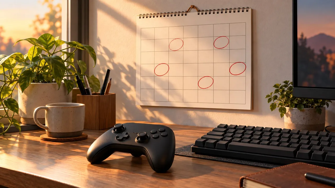 Ilustração gerada por IA de um calendário de parede com datas circuladas, um controle de videogame preto e um teclado sobre uma mesa de madeira