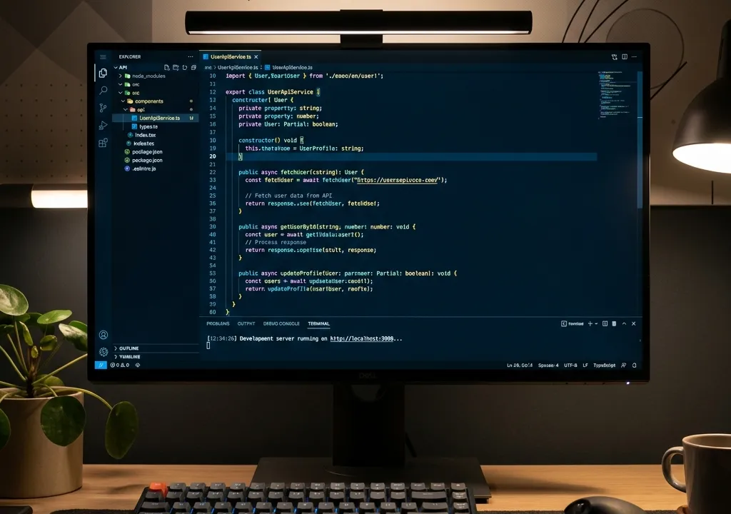Editor de código com código TypeScript 5 em destaque com realce de sintaxe em azul e amarelo