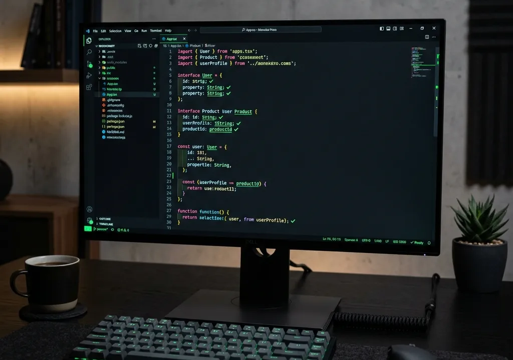 Editor de código TypeScript com símbolos visuais de validação e segurança em runtime
